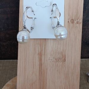 Silver Wavy Chunky Latch Back Faux Pearl Bead Earrings